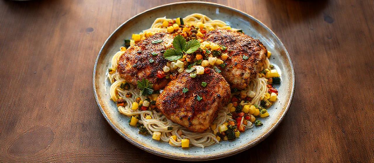American Fire-Roasted Coconut-Lime Chicken Thighs with Charred Corn and Pepper Salsa