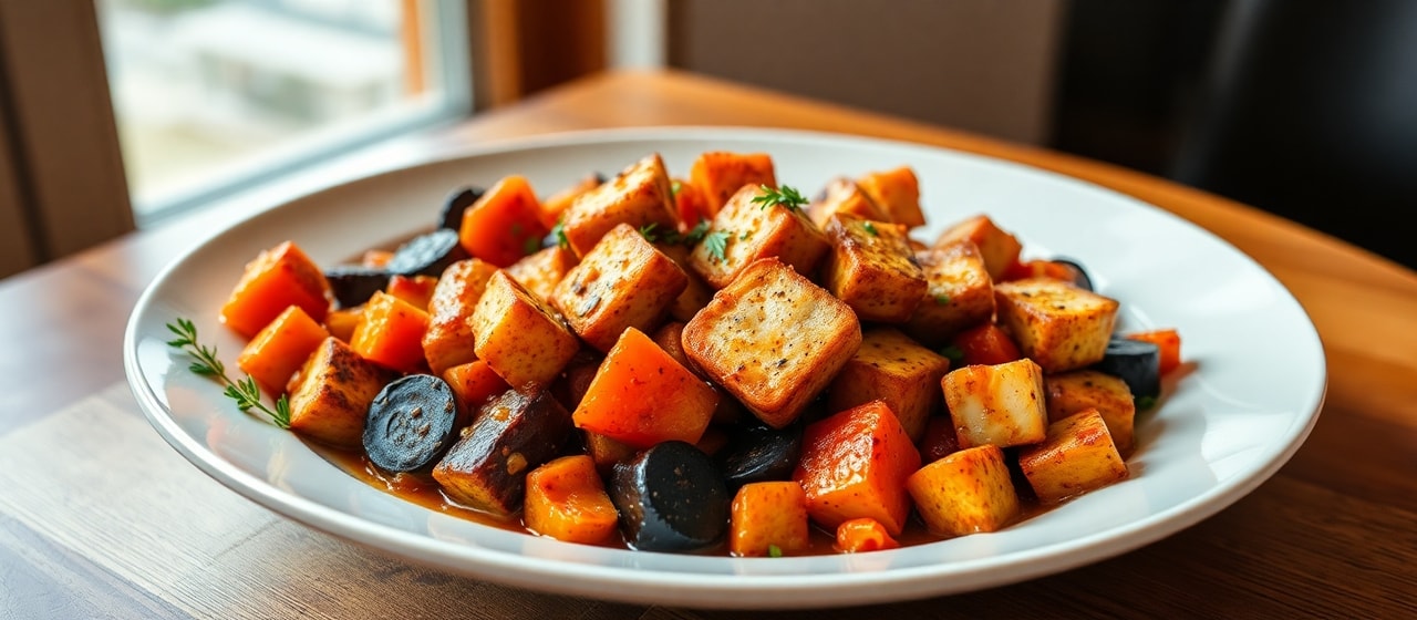 American Maple-Smoked Tofu and Root Vegetable Roast