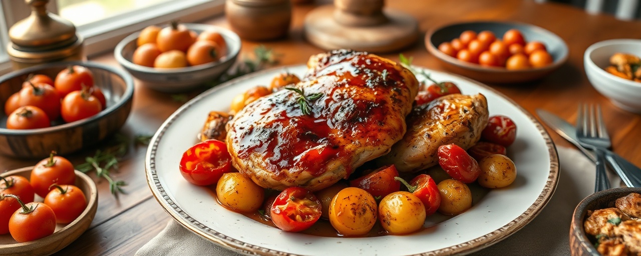 American Tandoor-Baked Miso-Glazed Chicken with Rosemary Potatoes and Roasted Tomatoes