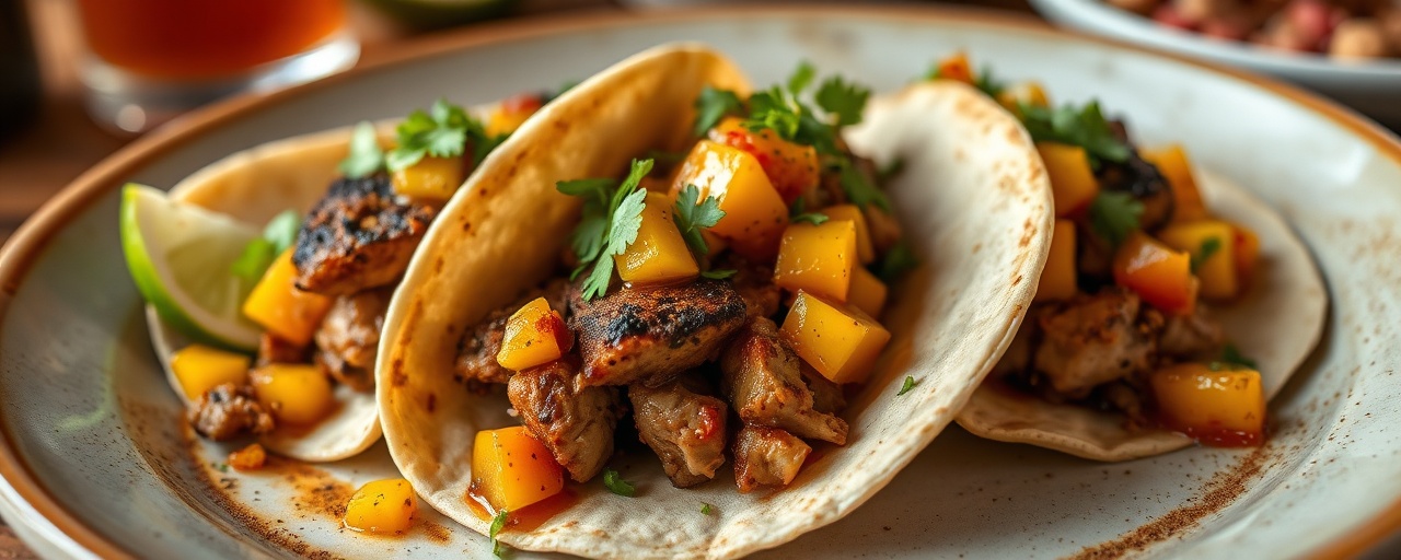 Ancho Chili and Coffee Rubbed Pork Tacos with Mango-Habanero Salsa