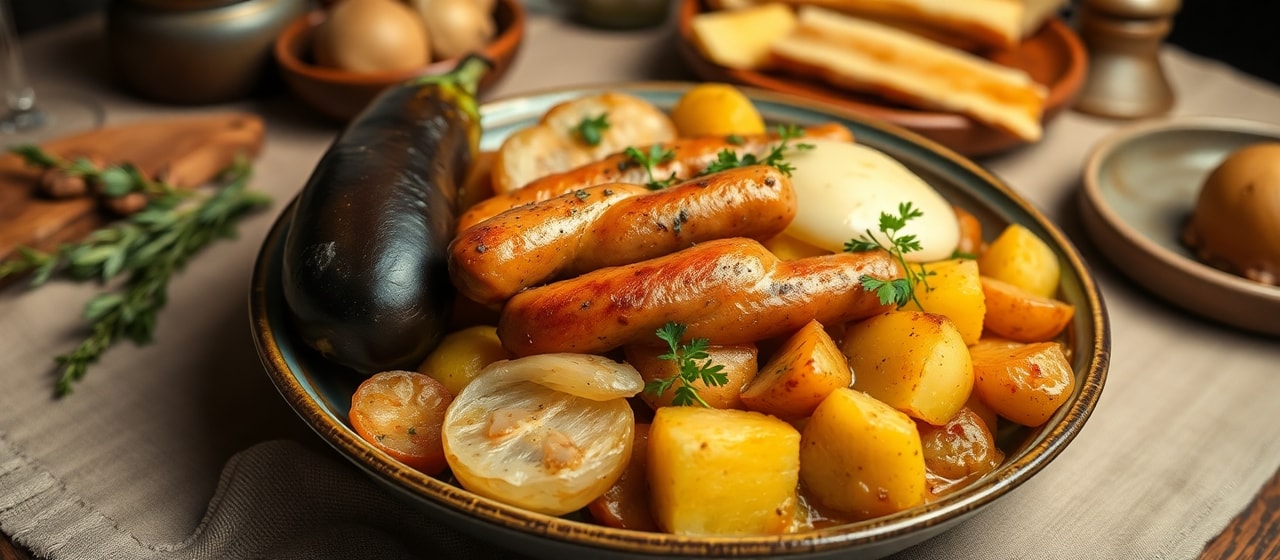 Auberginen-Kartoffel Eintopf mit Senfbratwurst