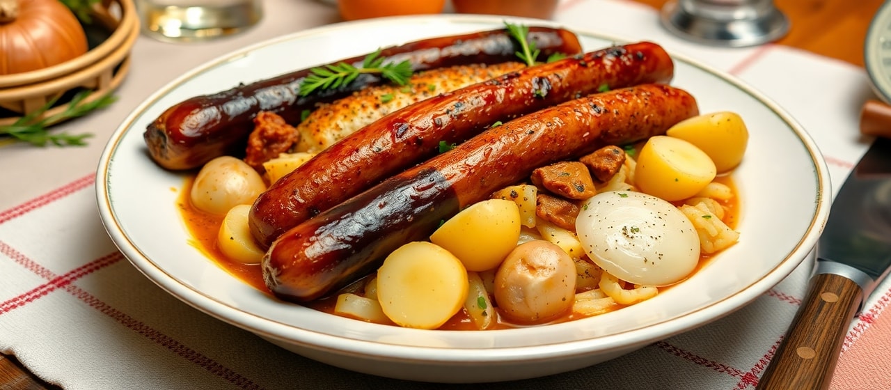 Auberginen-Kartoffel Eintopf mit Senfbratwurst