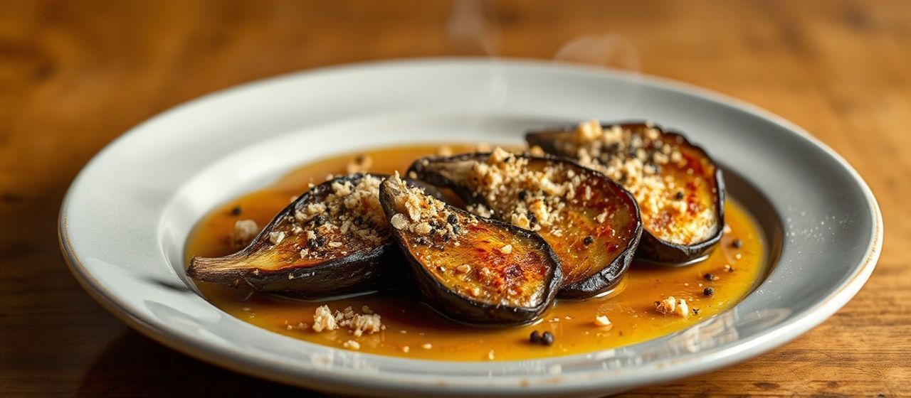 Auld Reekie Smoked Aubergine with Oat Crumb and Whisky-Neep Glaze