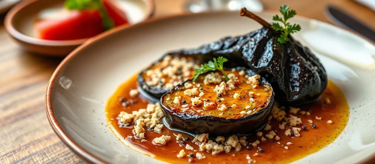 Auld Reekie Smoked Aubergine with Oat Crumb and Whisky-Neep Glaze