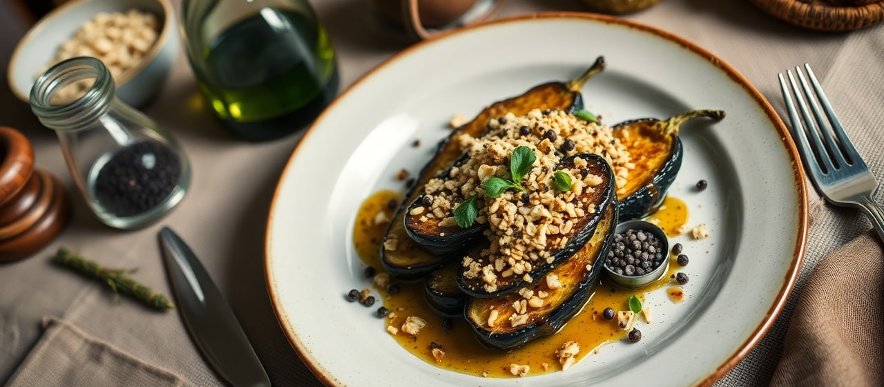 Auld Reekie Smoked Aubergine with Oat Crumb and Whisky-Neep Glaze