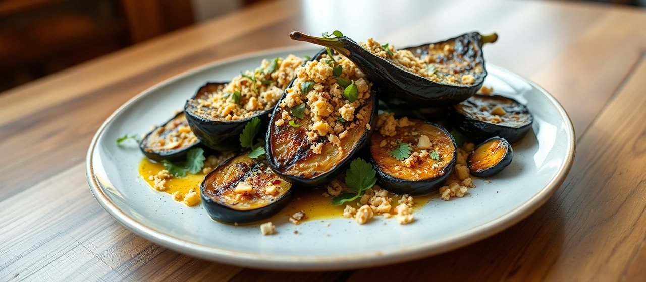 Auld Reekie Smoked Aubergine with Oat Crumb and Whisky-Neep Glaze