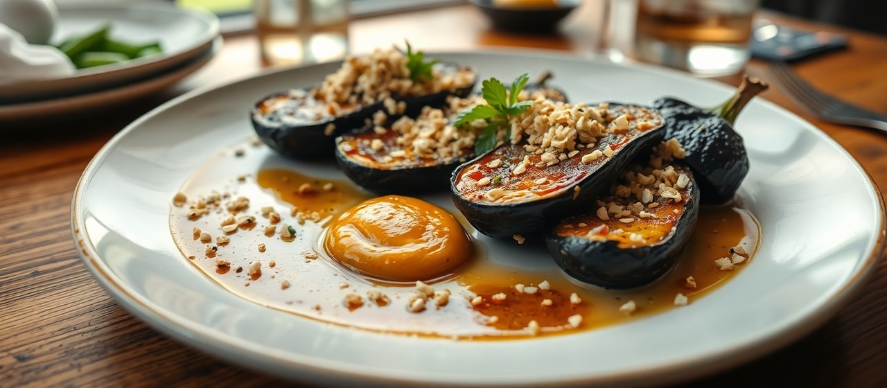 Auld Reekie Smoked Aubergine with Oat Crumb and Whisky-Neep Glaze