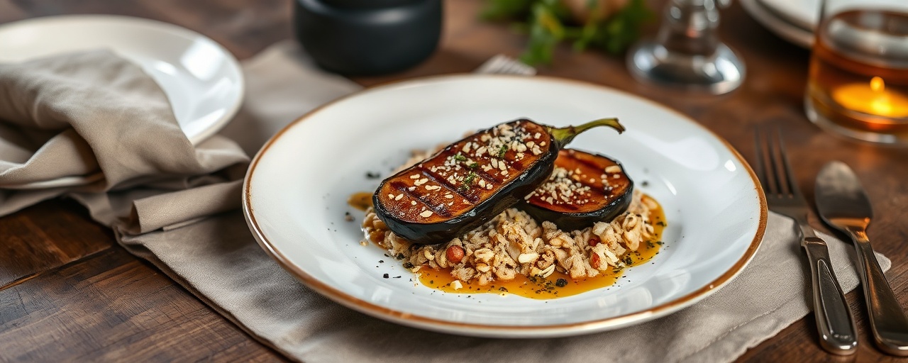Auld Reekie Smoked Aubergine with Oat Crumb and Whisky-Neep Glaze