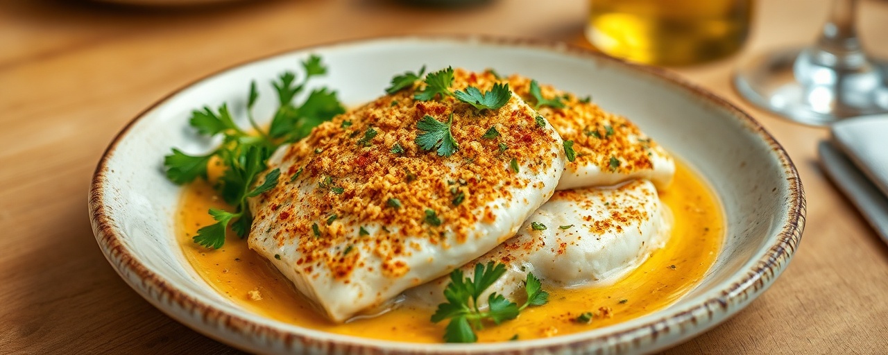 Bacalhau Assado em Crosta de Tahini e Ervas com Molho de Pimentão e Alho