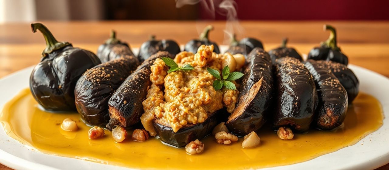 Badrijani Nigvzit Shemtsvari (Grilled Eggplant with Walnut Paste)
