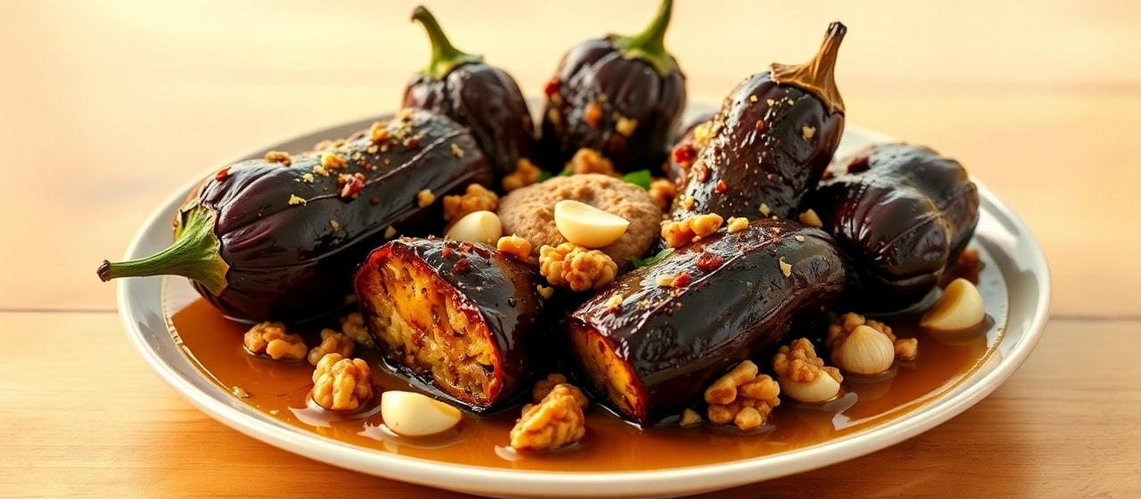 Badrijani Nigvzit Shemtsvari (Grilled Eggplant with Walnut Paste)