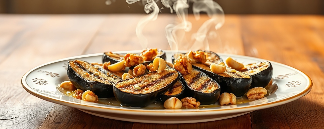 Badrijani Nigvzit Shemtsvari (Grilled Eggplant with Walnut Paste)
