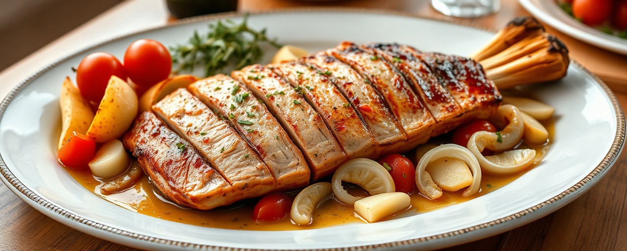 Barriga de Porco Assada Lentamente com Grão e Tomate