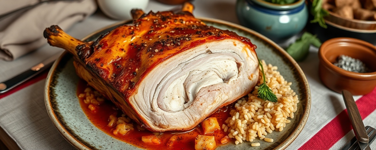 Barriga de Porco Grelhada com Molho Piri-Piri e Migas de Broa
