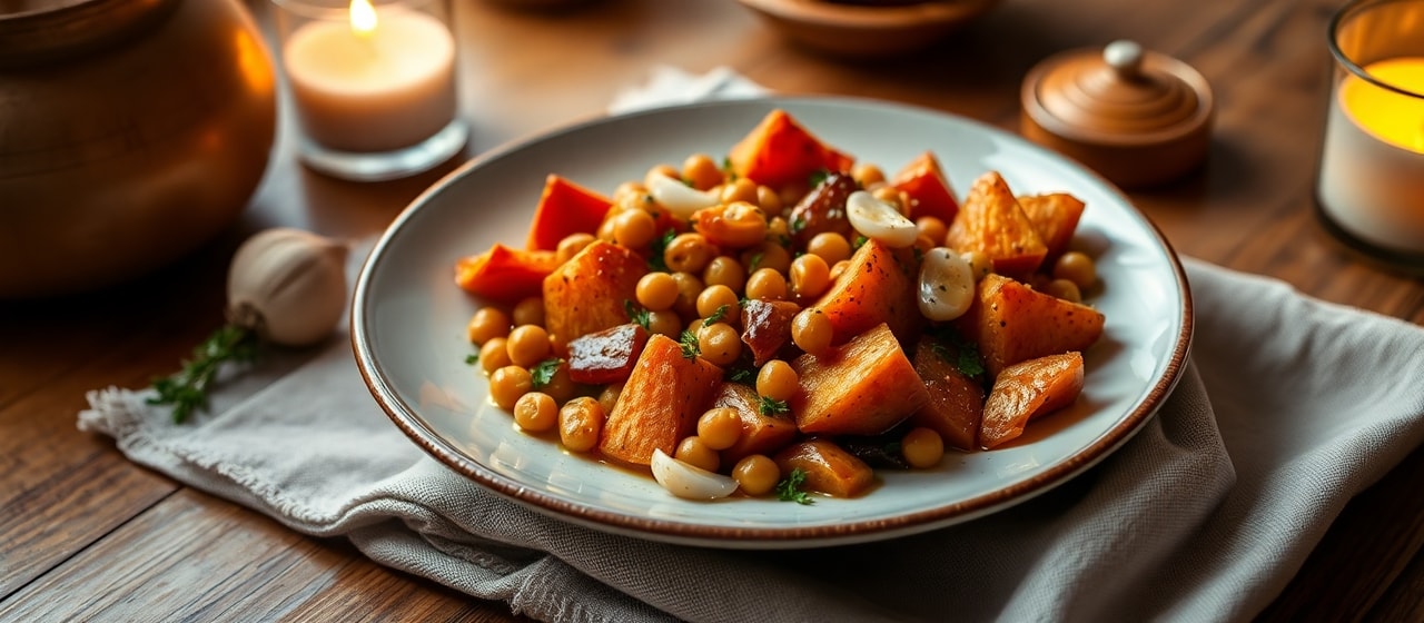 Batata Hilwa Mebakhra Ma'a Hamouz (Steamed Sweet Potato with Chickpeas)