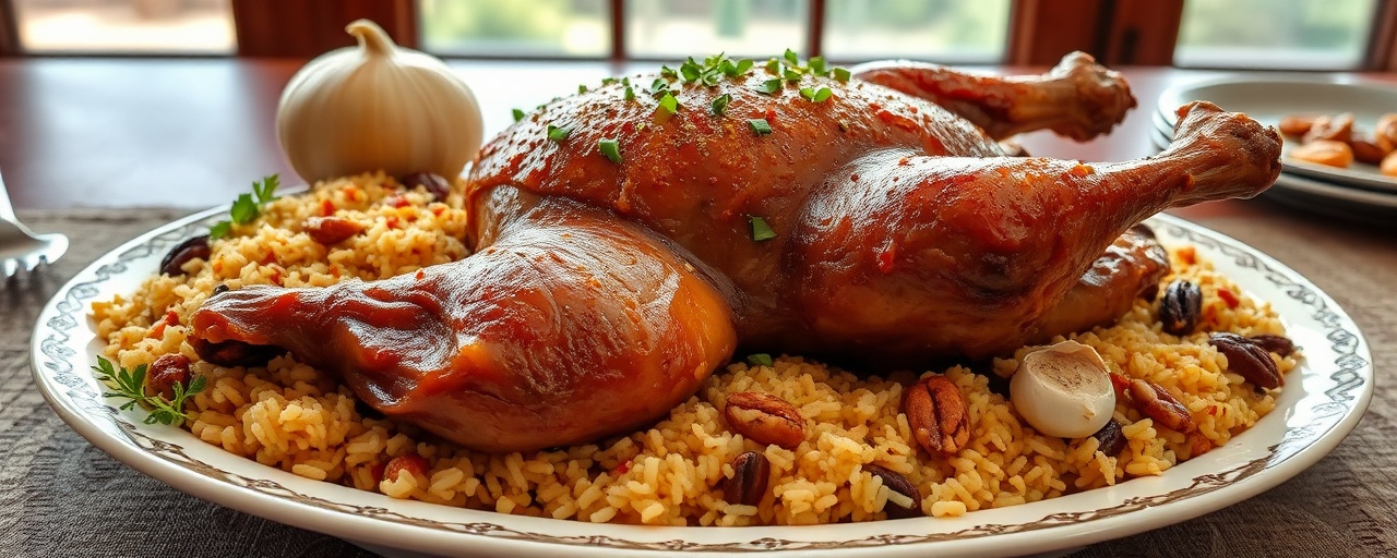Batatah Mahsheya Masreya (Egyptian Roasted Duck with Aromatic Rice and Nut Stuffing)