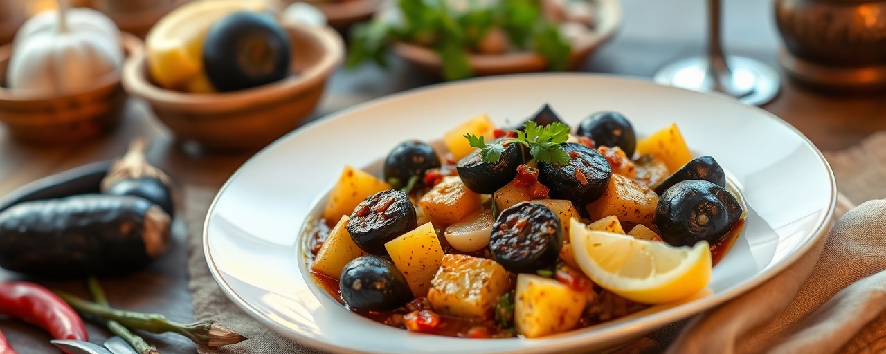 Betengan Mekhalel Ma' Batata Harra (Fermented Eggplant with Spicy Potatoes)