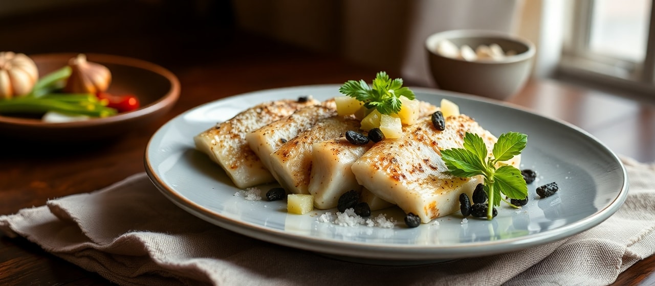 Black Garlic Cured Fish with Kampot Pepper and Lime Relish