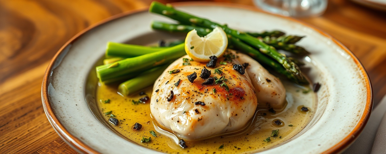 Black Garlic Infused Steamed Chicken with Herb Butter and Asparagus