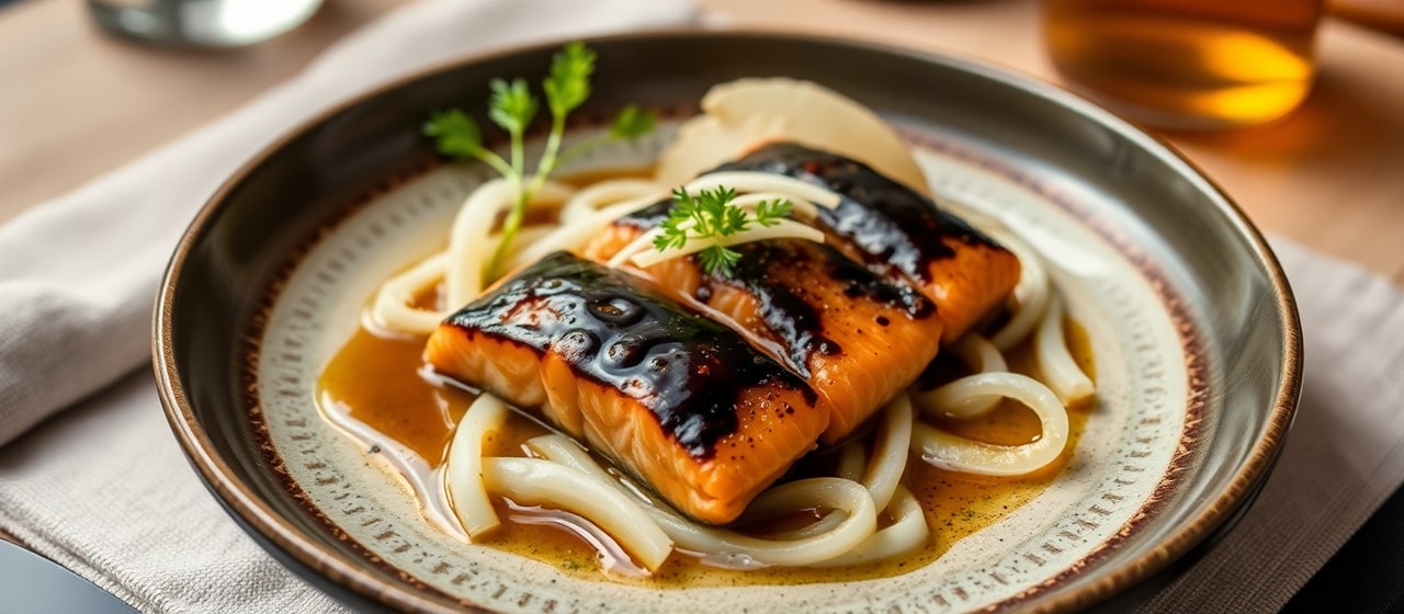 Black Garlic Miso Salmon with Fermented Daikon