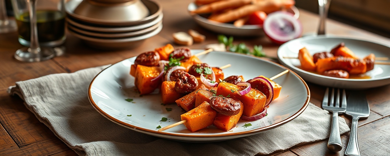 Bohemian Tandoor-Baked Sweet Potato and Klobása Skewers