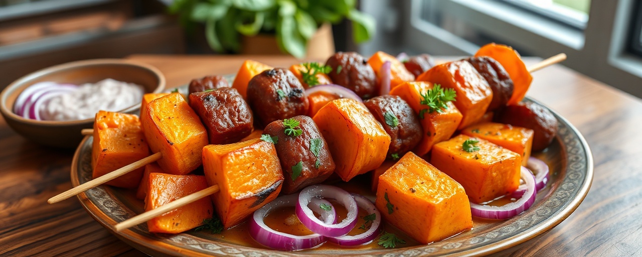 Bohemian Tandoor-Baked Sweet Potato and Klobása Skewers