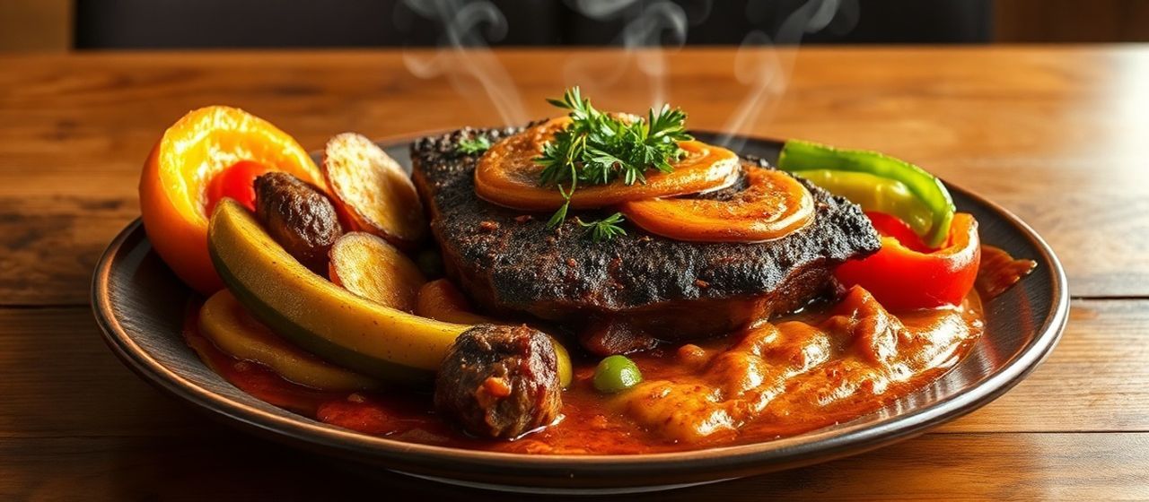 Bondiola Ahumada con Puré de Plátano Asado y Chimichurri de Ají Ahumado