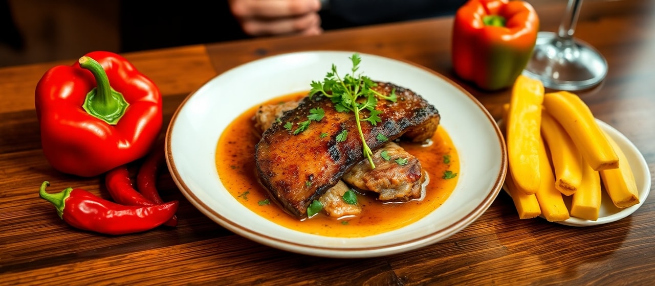 Bondiola Ahumada con Puré de Plátano Asado y Chimichurri de Ají Ahumado