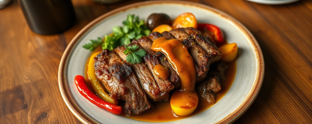 Bondiola Ahumada con Puré de Plátano Asado y Chimichurri de Ají Ahumado