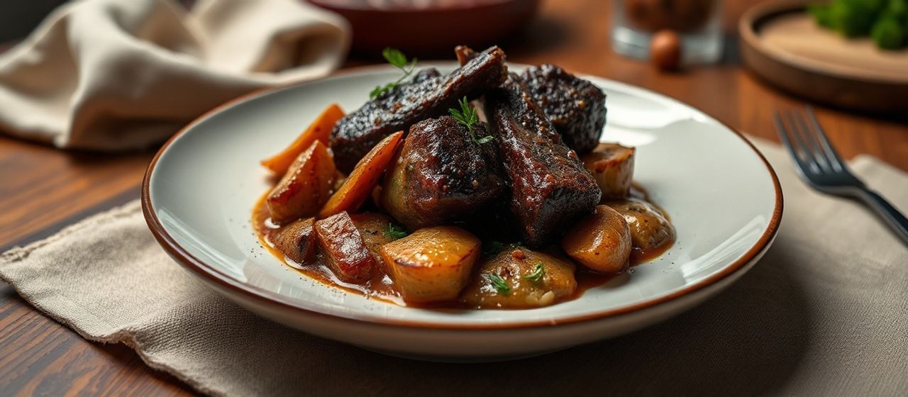 Braised Black Garlic Short Ribs with Root Vegetables