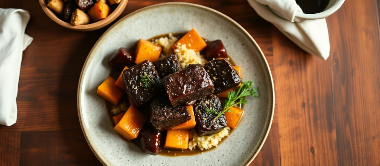 Braised Black Garlic Short Ribs with Root Vegetables