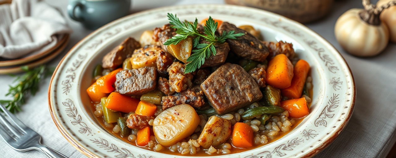 Braised Scottish Seitan with Root Vegetables and Pearl Barley
