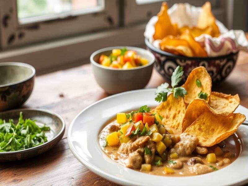 Brazilian Moqueca with Spicy Mango-Cilantro Salsa and Crispy Plantain Chips