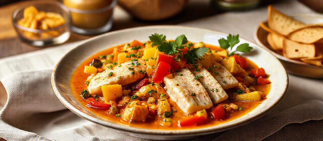 Brazilian Moqueca with Spicy Mango-Cilantro Salsa and Crispy Plantain Chips