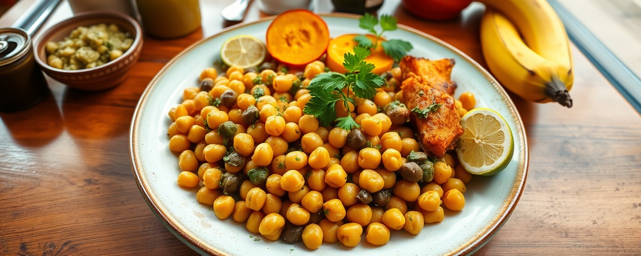 Brochetas de Garbanzo y Plátano Asado con Aji Verde