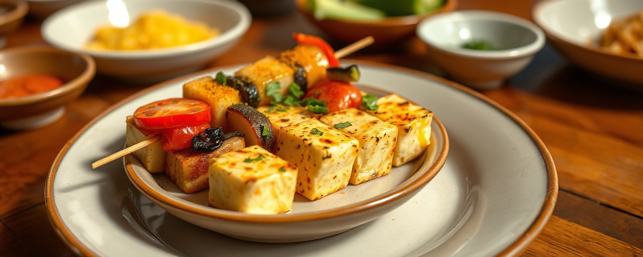Burmese Saffron-Infused Grilled Tofu and Vegetable Skewers