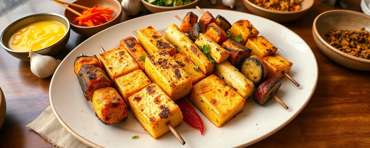 Burmese Saffron-Infused Grilled Tofu and Vegetable Skewers