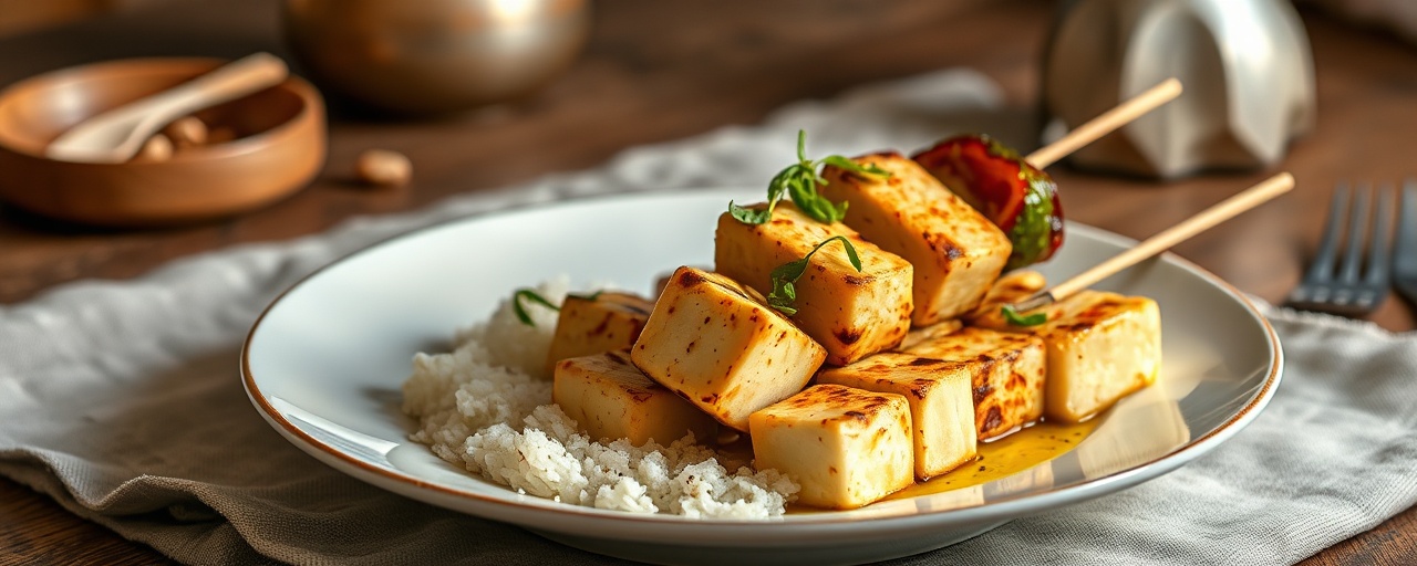 Burmese Saffron-Infused Grilled Tofu and Vegetable Skewers