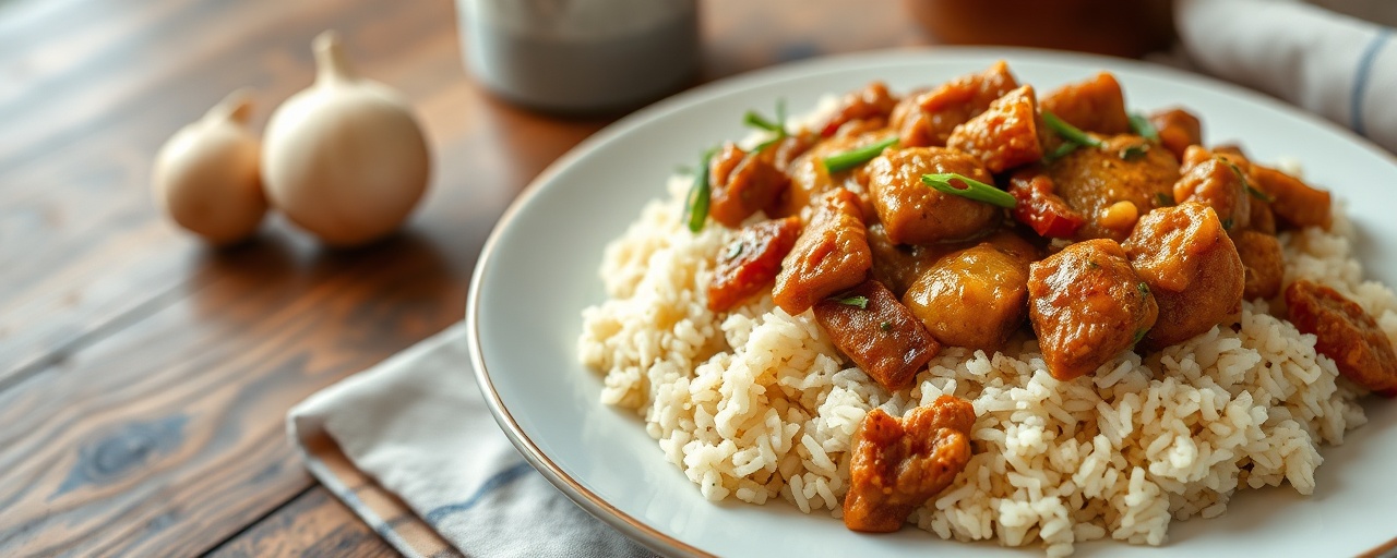 Cajun Fermented Pepper Smothered Seitan with Garlic Rice
