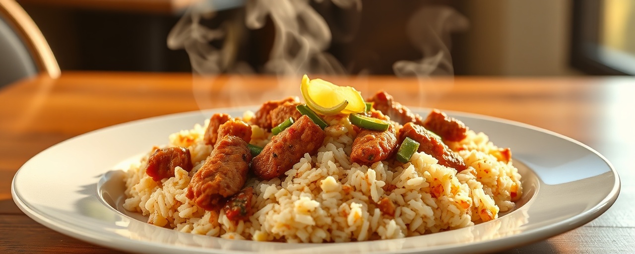 Cajun Fermented Pepper Smothered Seitan with Garlic Rice