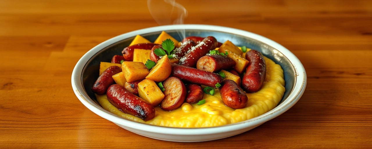 Cajun Fermented Plantain & Andouille Skillet with Cheesy Corn Grits