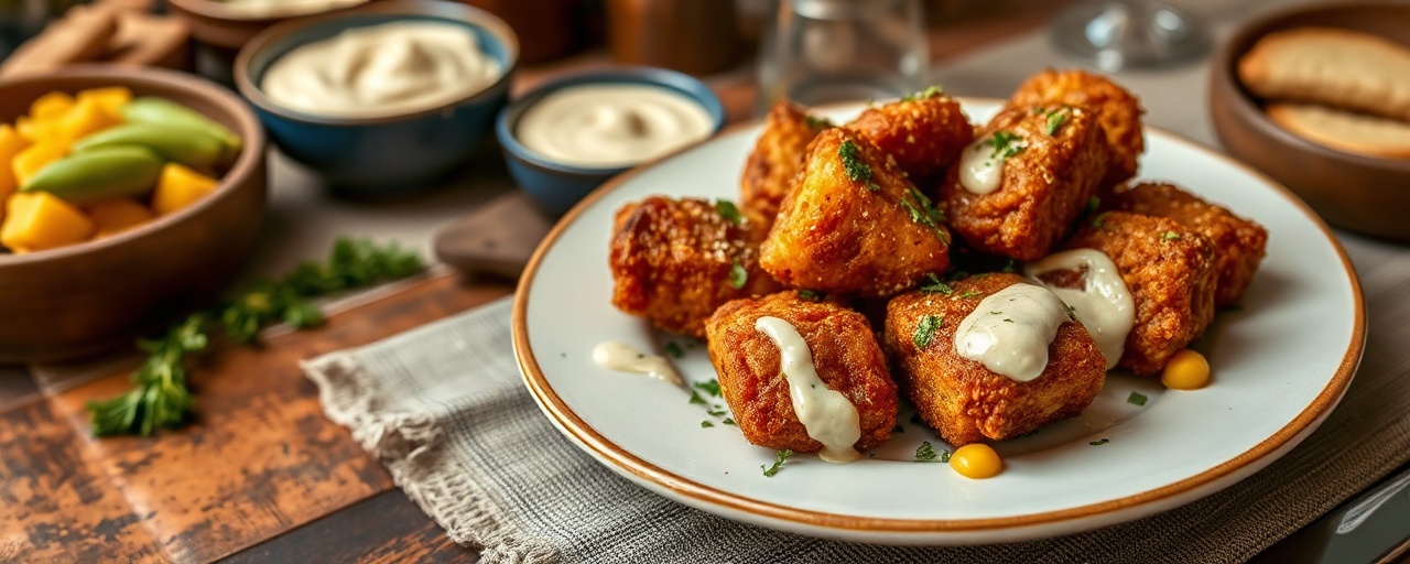 Cajun Flash-Fried Pork Belly Bites with Spicy Creole Aioli and Corn Maque Choux