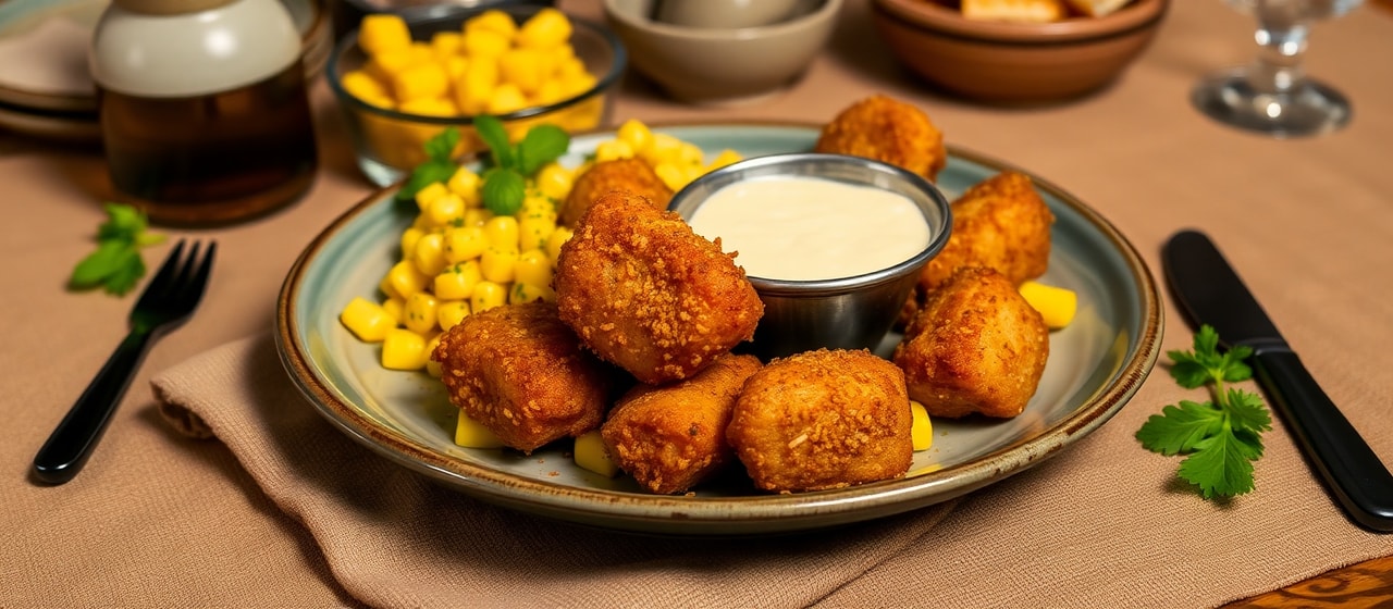 Cajun Flash-Fried Pork Belly Bites with Spicy Creole Aioli and Corn Maque Choux