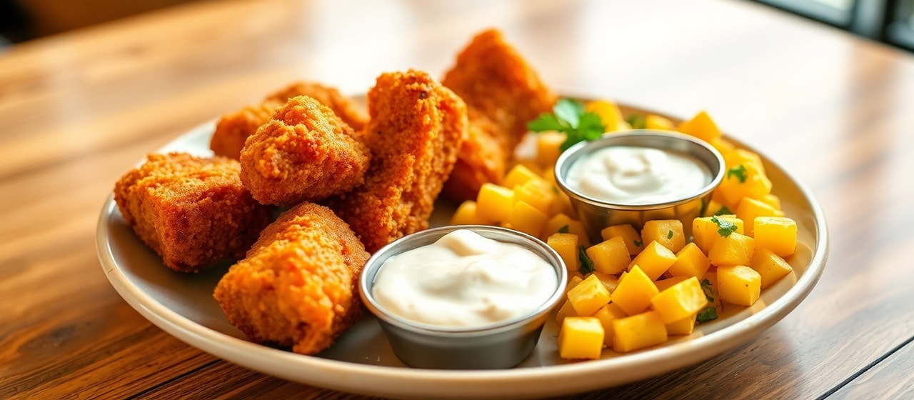 Cajun Flash-Fried Pork Belly Bites with Spicy Creole Aioli and Corn Maque Choux