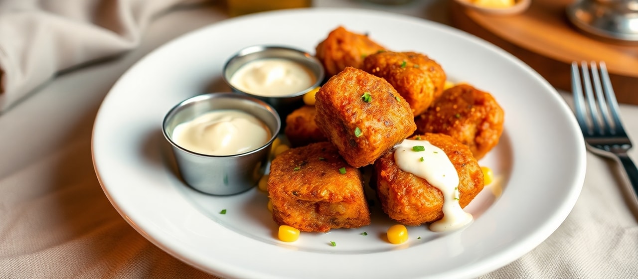 Cajun Flash-Fried Pork Belly Bites with Spicy Creole Aioli and Corn Maque Choux