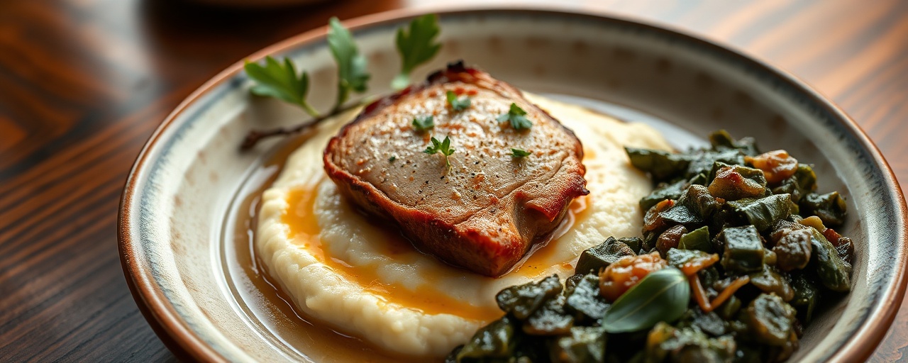 Cajun Poached Pork Belly with Creamy Grits and Braised Collard Greens