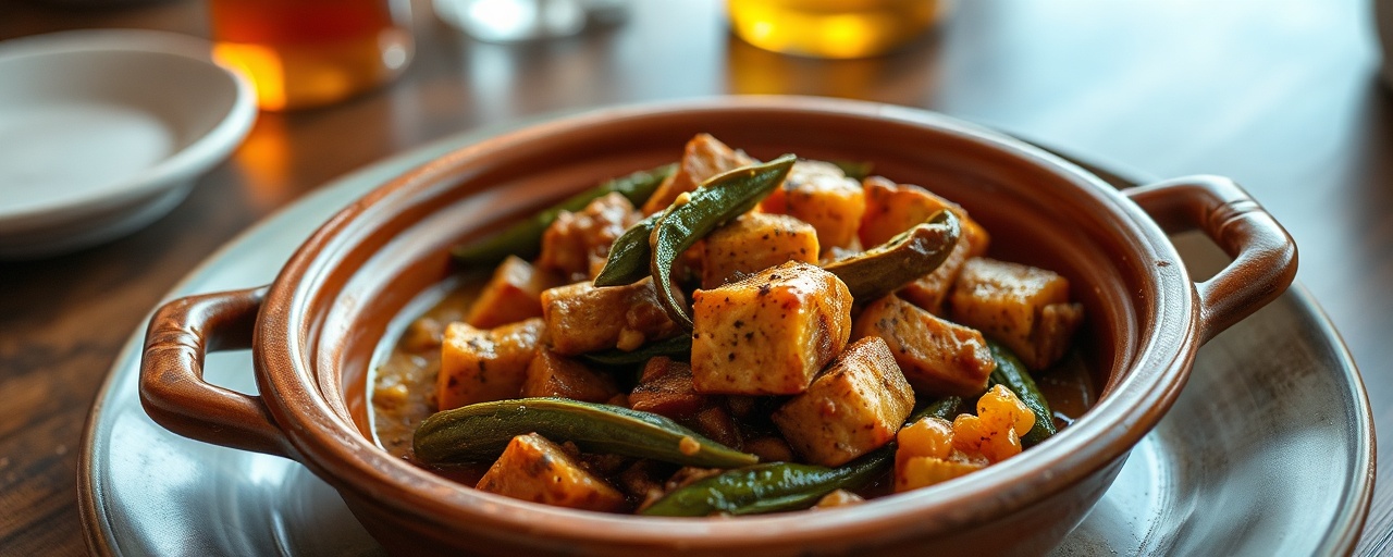 Cajun Seitan and Okra Fricassee in a Clay Pot