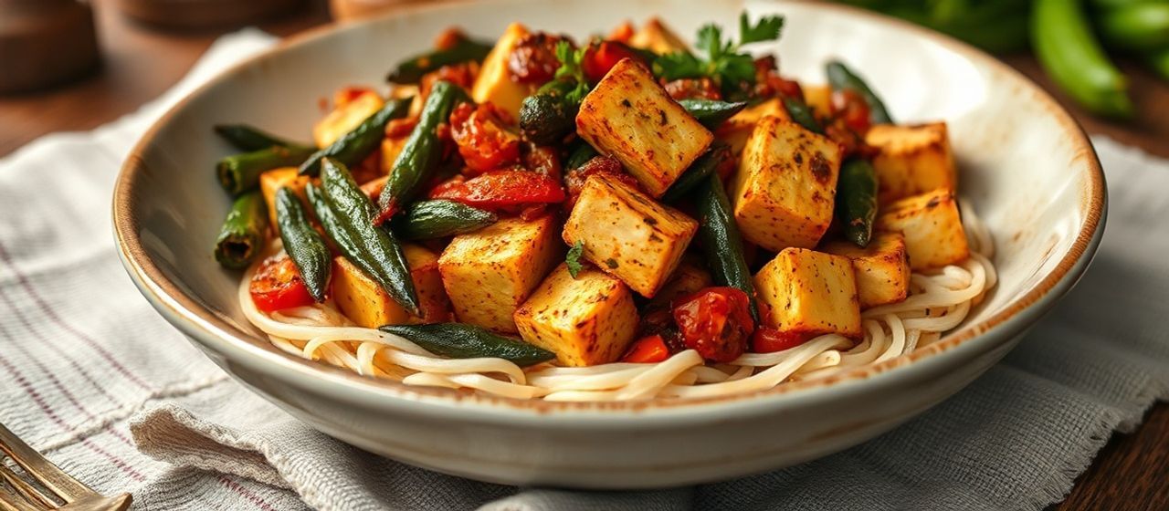 Cajun Spiced Sous-Vide Tofu with Blackened Okra & Bell Pepper Medley