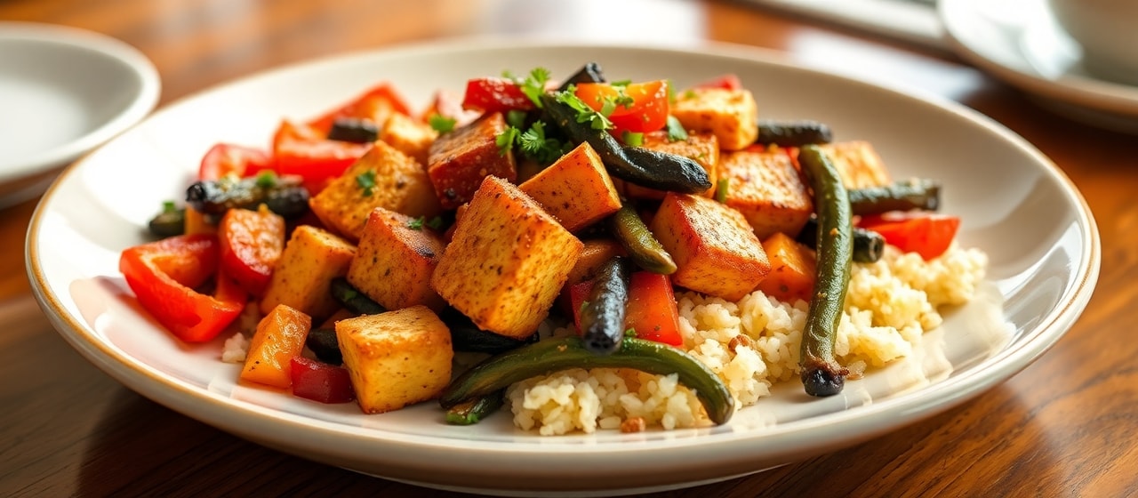 Cajun Spiced Sous-Vide Tofu with Blackened Okra & Bell Pepper Medley