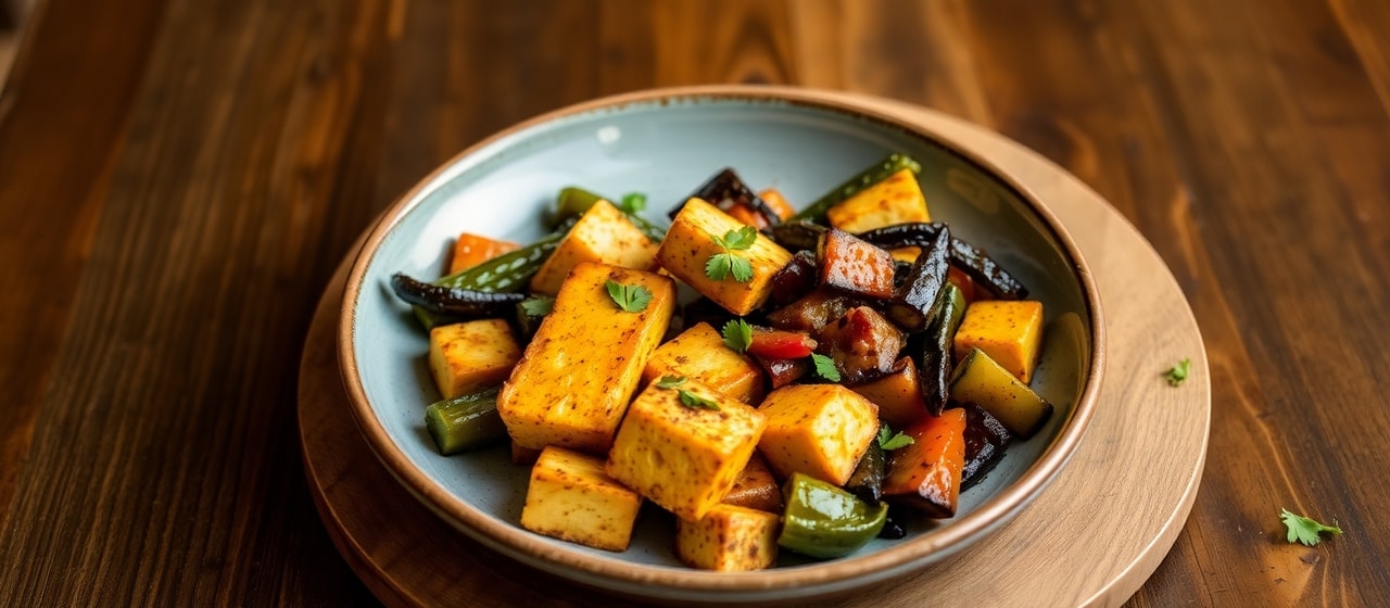 Cajun Spiced Sous-Vide Tofu with Blackened Okra & Bell Pepper Medley